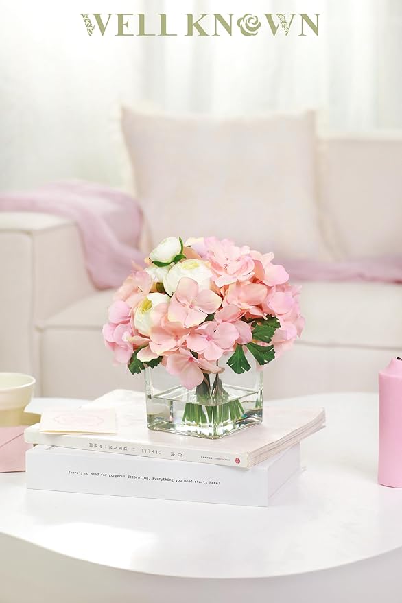 WELL KNOWN Fake Flowers in Vase, Hydrangea Ranunculus Artificial Flowers with Vase, Silk Faux Floral with Faux Water Arrangements Centerpiece for Office Dining Table Home Hotel Wedding Decor (Pink)