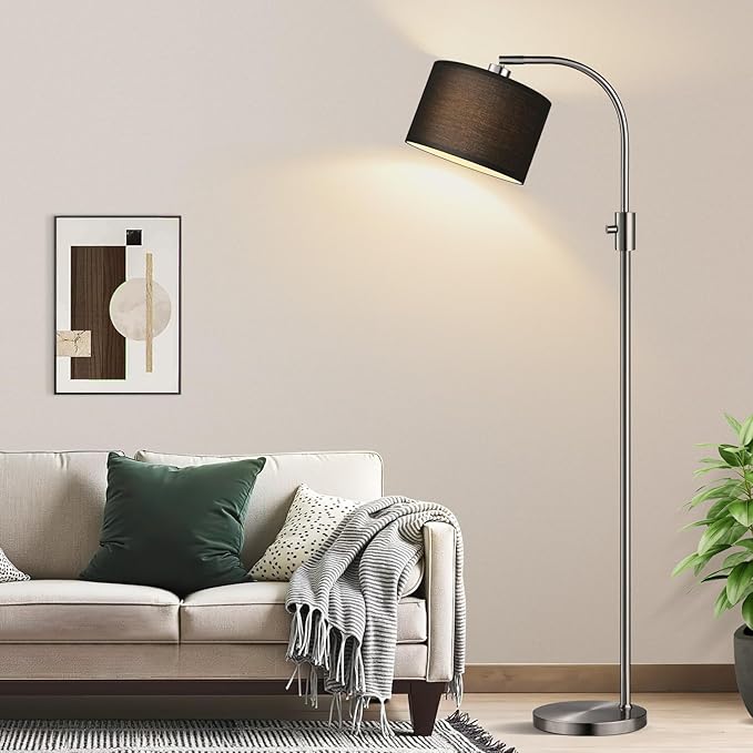 【Upgraded】 Dimmable Floor Lamp, 1200 Lumens LED Bulb Included, Brushed Nickel Arc Floor Lamps for Living Room Modern Standing Lamp with Black Shade, Tall Lamp for Living Room Bedroom Office Office