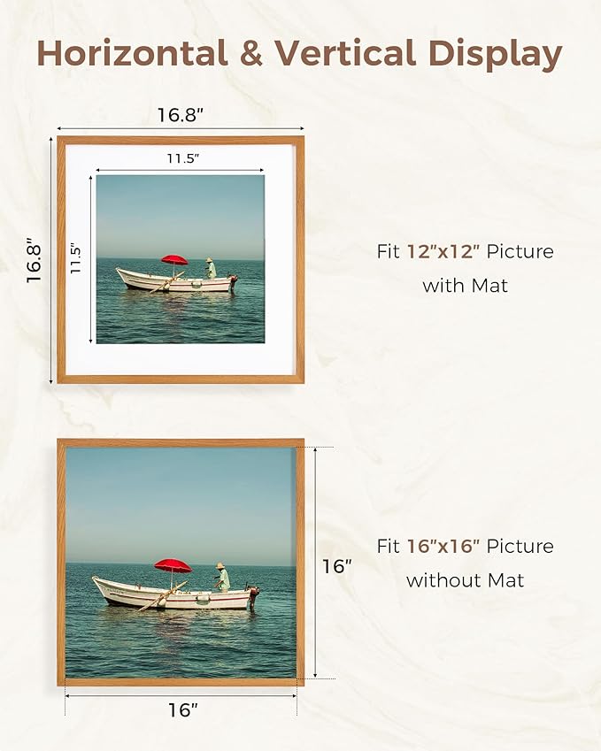 Marsmiles 16x16 Wooden Picture Frame, USA-Sourced Natural Oak Solid Wood Photo Frame with Real Glass for Display Pictures 12x12 with Mat or 16x16 without Mat, Teak, 2 Pack