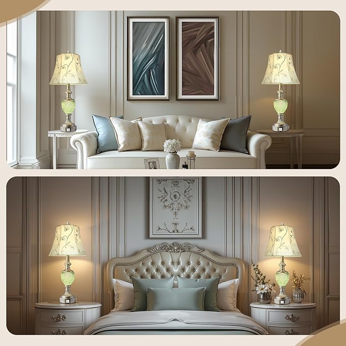 Bedside Table Lamp Set of 2 with Nightlight and USB A+C Ports, 27'' High Vintage Table Lamps with Silver Leaf Finish and Embroidered Shade, Nightstand Lamps Decor for Bedroom Living Room Home Office