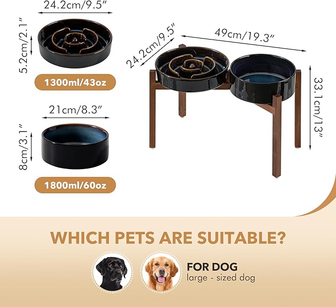 Ceramic Raised Slow Feeder Dog Bowl Set, Elevated 8.2inch Bowl and 9.5inch Dish with Acacia Wood Stand for Large Dog, Stop Bloat(2X Starry Sky+ Stand)