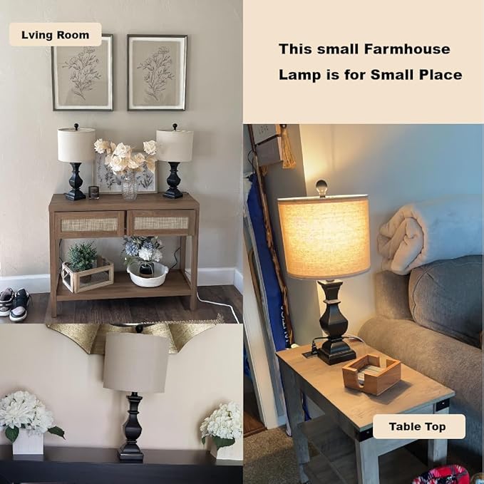 PoKat 20.5'' Bedside Table Lamp for Bedroom Nightstand - Farmhouse Lamp for Living Room, Black Night Stand Light Lamp with Round Linen Shade, Vintage Bedroom Lamp, Suitable for Small Place