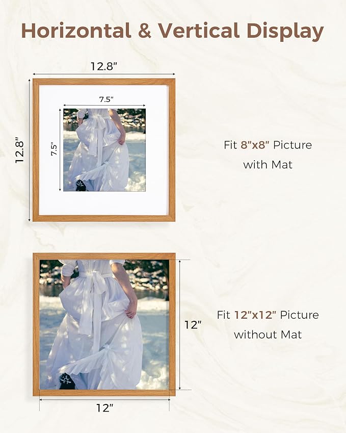 Marsmiles 12x12 Wooden Picture Frame, USA-Sourced Natural Oak Solid Wood Photo Frame with Plexiglass for Display Pictures 8x8 with Mat or 12x12 without Mat, Teak, 1 Pack