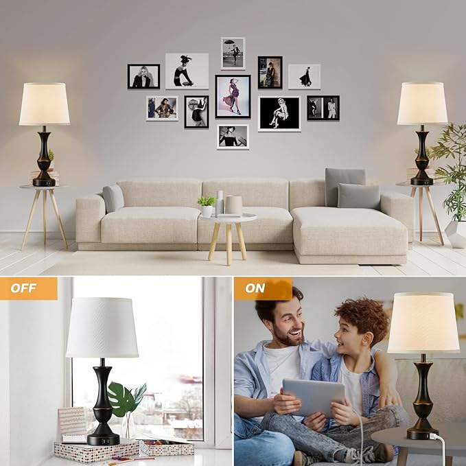 Touch Table Lamps Set of 2, 22" Tall Bedside Lamps with USB C+A Ports, 3-Way Dimmable Nightstand lamps, Table lamp for Bedrooms, Living Room, Office, Black Lamp with White Lampshade, Bulbs Included