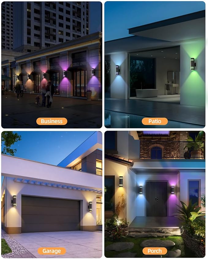 KIZON Smart Dusk to Dawn Outdoor Lighting RGB Color Changing Porch Lights 2 Pack, Cylinder Modern Outdoor Wall Lights Waterproof Exterior Light Fixture Wall Mount Up Down Lights with Remote Control