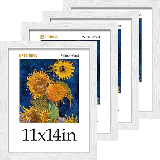 11x14 Picture Frame 4 Pack - White Solid Wood Poster Photo Frame - Tempered Glass - Woodgrain Series - Room, Office, Gallery, Studio Display - Wall Hanging