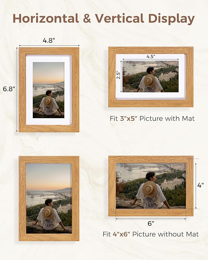 Marsmiles 4x6 Wooden Picture Frame, USA-Sourced Natural Oak Solid Wood Photo Frame with Plexiglass for Display Pictures 3x5 with Mat or 4x6 without Mat, Teak, 3 Pack