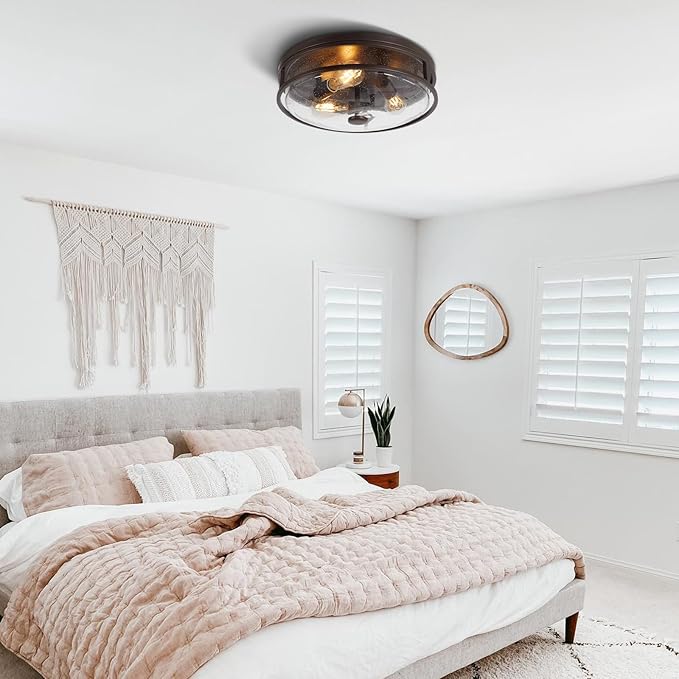 16 Inch Large Flush Mount Ceiling Light Fixture with Seeded Glass, Bronze Round Ceiling Lamp Shade, Modern Farmhouse Indoor Outdoor Ceiling Lighting for Kitchen Dining Living Room Foyer