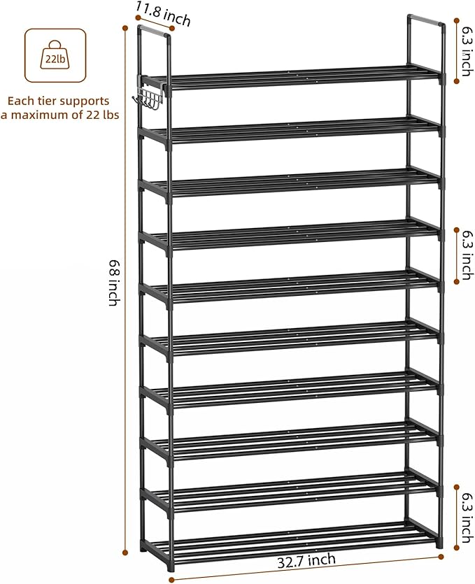 10 Tier Shoe Rack, Tall Shoe Rack for Entryway, Shoe Organizer for Closet, Shoe Storage for Front Door Entrance & Entryway, Large Long Shoe Stand Holder Adjustable Shelf Height
