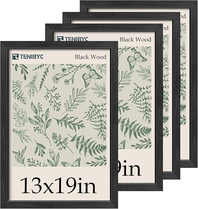 13x19 Picture Frame 4 Pack, Textured Elegant Black Wood & HD Tempered Glass, Gallery Poster Frame - Wall Hanging