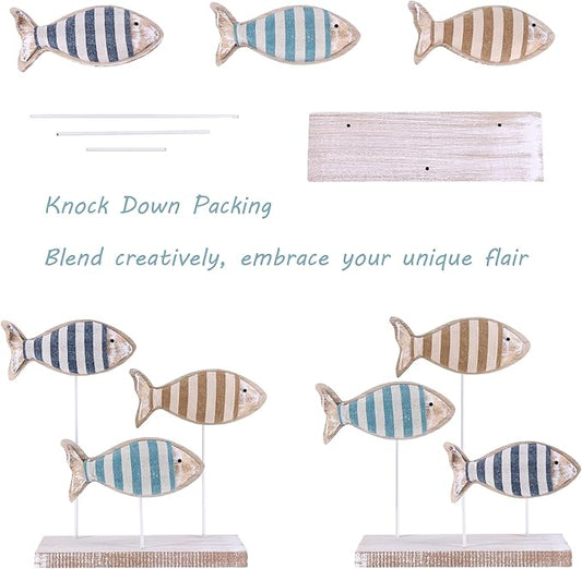Wooden Fish Figurines with Jute Rope and Cotton String, Fish Sculpture Statues for Home Decoration, Table Top Nautical Decor for Living Room, Bedroom, Beachhouse Home Decor (StripedFish-3)