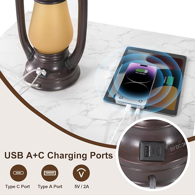 26'' Vintage Lantern Table Lamps Set of 2, Retro Bedside Nightstand Lamp with Nightlight and Linen Shade, Rustic Desk Lamp with USB A+C Ports, Farmhouse Table Lamps for Living Room Bedroom Study room