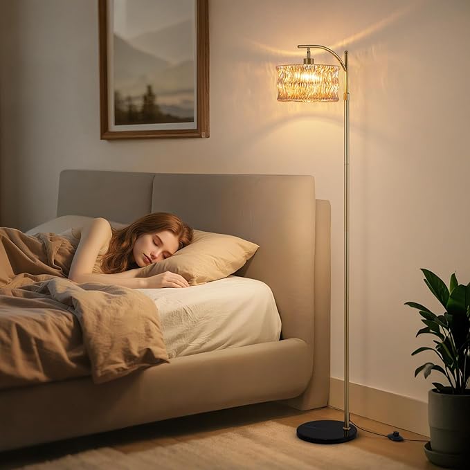 Vintage Gold Floor Lamp for Living Room, Amber Glass Lampshade Modern Standing Lamp with Remote, Mid Century Dimmable Tall Lamp for Bedroom, Study Room (Bulb Included)