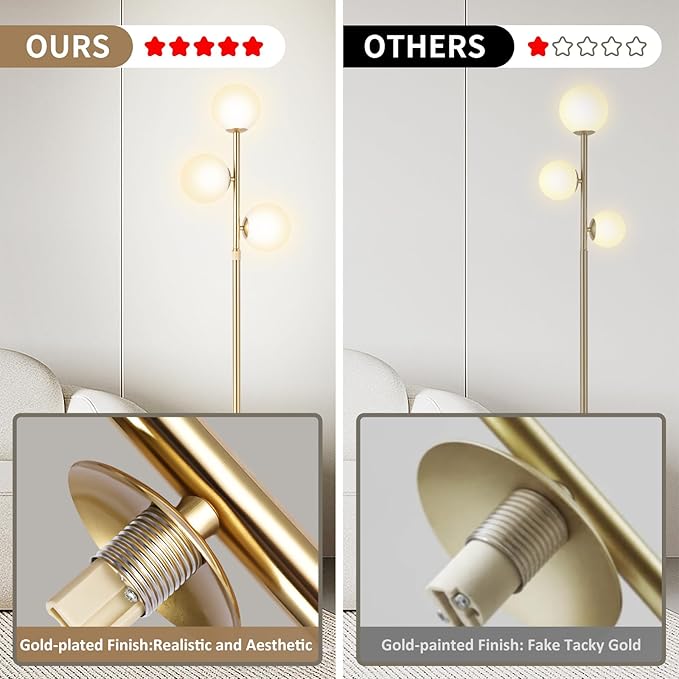 3-Globe Mid Century Modern Floor Lamps for Living Room, Adjustable Height Standing Lamp with Marble Base, Gold Tall Lamp with Frosted Glass Shades, Pole Lamps for Bedroom, Bulbs Included