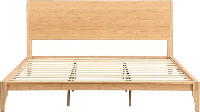 Merax King Size Bamboo Platform Bed, Mid-Century Modern Bed Frame with Tall Headboard, Solid Sustainable Bedframe King-Size, Wood Slat Support, No Box Spring Needed, Easy Assembly, Natural