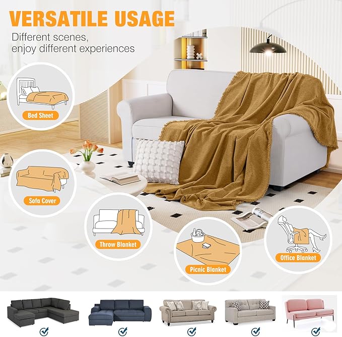 KinCam Couch Covers for 3-4 Cushion Couch Sofa Cover Washable Sectional Couch Cover for Dogs Tassel Sofa Blanket Cover Pet Friendly Soft and Durable for Most Furniture(71" x 150", Mustard Yellow)