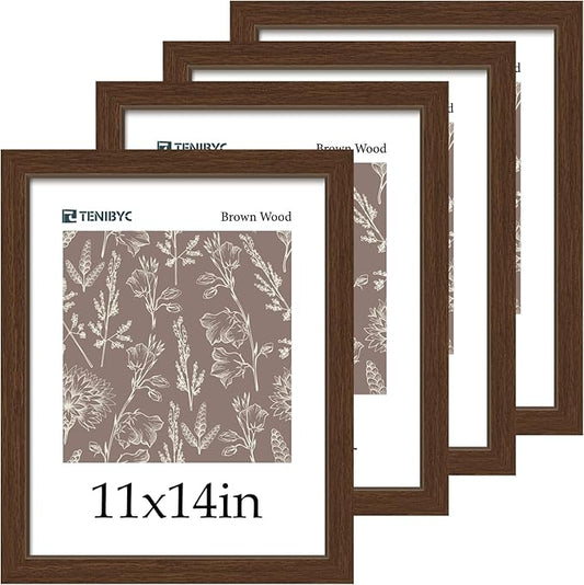 11x14 Picture Frame Set - 4 Pack, Brown Wood Grain 11 x 14 Photo Frame, HD Tempered Glass, Wall Hanging, Gift for Friend