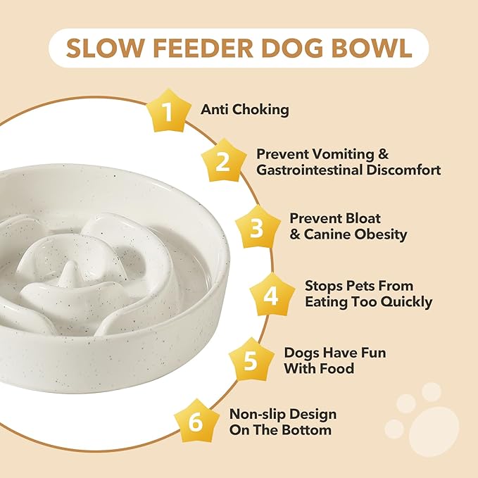 Ceramic 9.5inch Raised Slow Feeder Dog Bowl Set, Elevated Acacia Wood Stand for Large Dogs, Slow Pet Dish, Stop Bloat(Single Bowl+ Stand, Vanilla White)