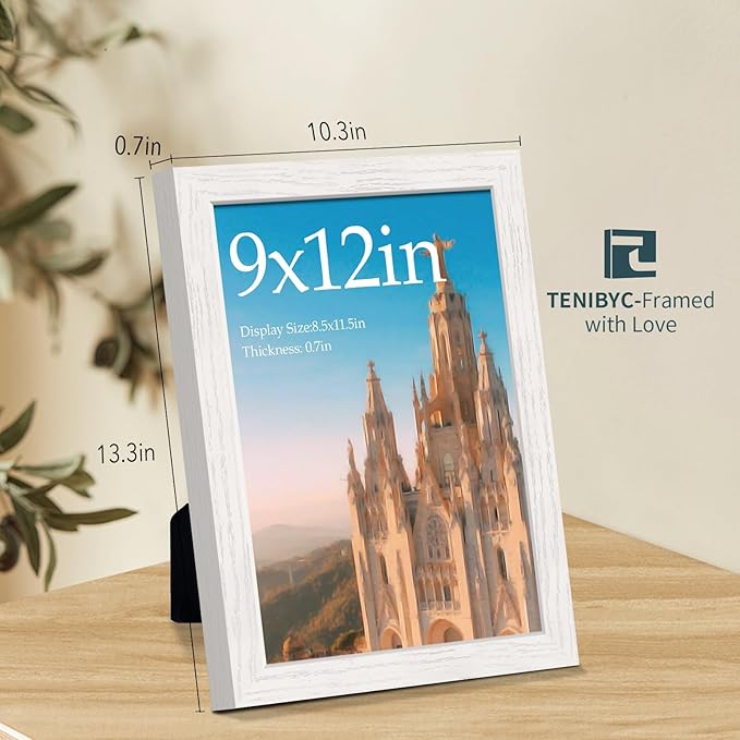 9x12 Picture Frame 4 Pack - White Solid Wood Poster Photo Frame - Tempered Glass - Woodgrain Series - Room, Office, Gallery, Studio Display - Tabletop & Wall Hanging