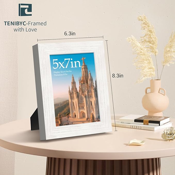 5x7 Picture Frame Set of 4 - White, Wood Photo Frame, HD Tempered Glass, Table Display or Wall Hanging, Gift for Friend