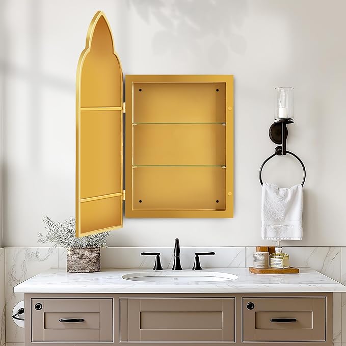 SogesHome Medicine Cabinet with Mirror, Magic Mirror with Cabinet 2 Shelves, Wall Mount/Recessed Mirror with Medicine Storage, Perfect for Bathroom and Home Decor, Gold