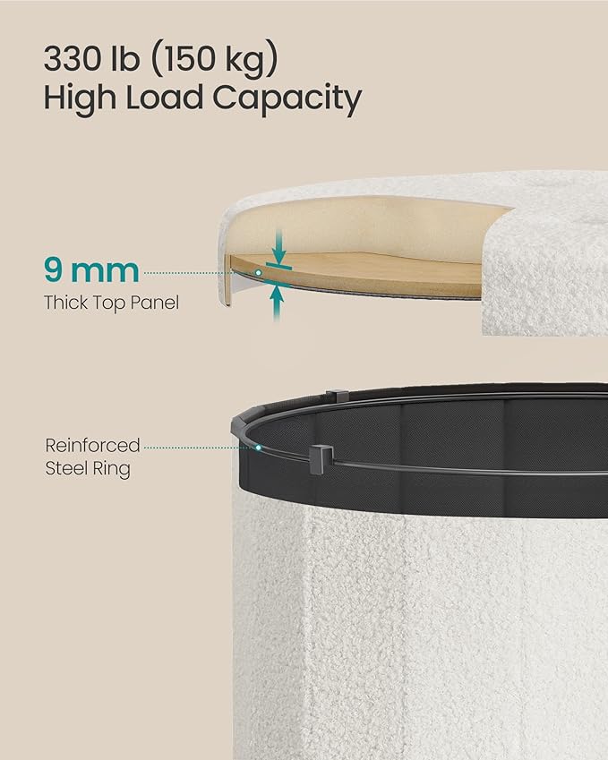 SONGMICS Mazie Collection - Round Storage Ottoman, Folding Footrest Stool with Removable Lid, Easy Assembly, Teddy Fleece Vanity Stool for Bedroom, Living Room, Entryway, Cream White ULSF606W01