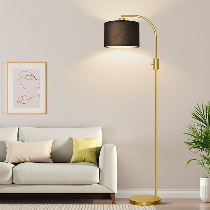 【Upgraded】 Dimmable Gold Floor Lamp, 1200 Lumens LED Bulb Included, Arc Floor Lamps for Living Room Modern Standing Lamp with Black Shade, Tall Lamp for Living Room Bedroom Office Reading Room Nursery