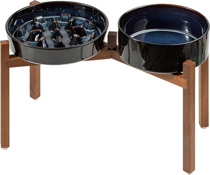 Ceramic Raised Slow Feeder Dog Bowl Set, Elevated 8.2inch Bowl and 9.5inch Slow Feeder Dish with Acacia Wood Stand for Large Dog, Preventing Choking(2X Starry Sky+ Stand)