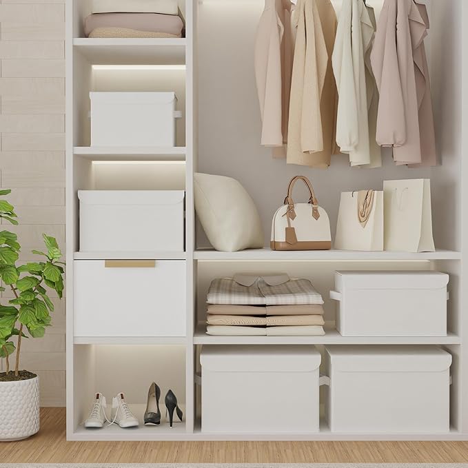 Foldable Storage Bin, Cube Organizer Basket with Flip-Top Lid and 2 Handles, Decorative Boxes for Shelves with Cover for Clothes, Towels, Blanket, 4 Pack, White, 13 x 9 x 7.9 In, XSNY12WM-4