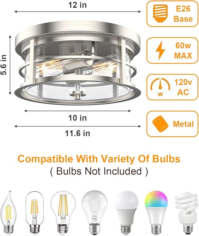 EAPUDUN Flush Mount Ceiling Light, 12inch 2-Light Modern Close to Ceiling Light Fixture, Brushed Nickel Finish with Clear Glass Shade for Hallway Entryway Bedroom Porch FMA1412-BNK