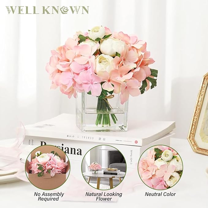 WELL KNOWN Fake Flowers in Vase, Hydrangea Ranunculus Artificial Flowers with Vase, Silk Faux Floral with Faux Water Arrangements Centerpiece for Office Dining Table Home Hotel Wedding Decor (Pink)
