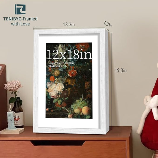 12x18 Frame Set of 4 - White, Textured Wood & HD Tempered Glass, 12x18 White Poster Frame, Vertical or Horizontal Wall Hanging - Gallery Decoration