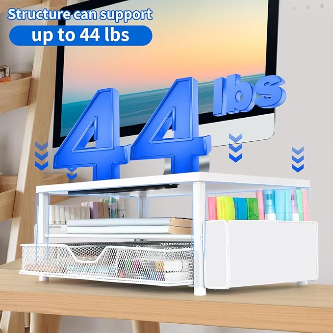 AUPSEN White Monitor Stand Riser, 2-Tier Wood Computer Desk Organizer with Drawer, Pen Storage & Phone Holder, Office Desk Accessories Desktop Organizer for Office Supplies