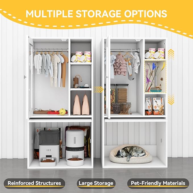 YU YUSING Dog Feeding Station for Automatic Feeder, Dog & Cat Food Storage Cabinet with Hanging Rods, Adjustable Panel, Hidden Automatic Pet Feeder Station for Food and Pet Supplies