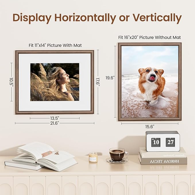 16x20 Picture Frame, USA-Sourced Walnut Wood Poster Frame with Tempered Glass, Display 11x14 with Mat, 16 by 20 Photo Frame for Vertical & Horizontal Display, Handcrafted Wood Frame, 1 Pack
