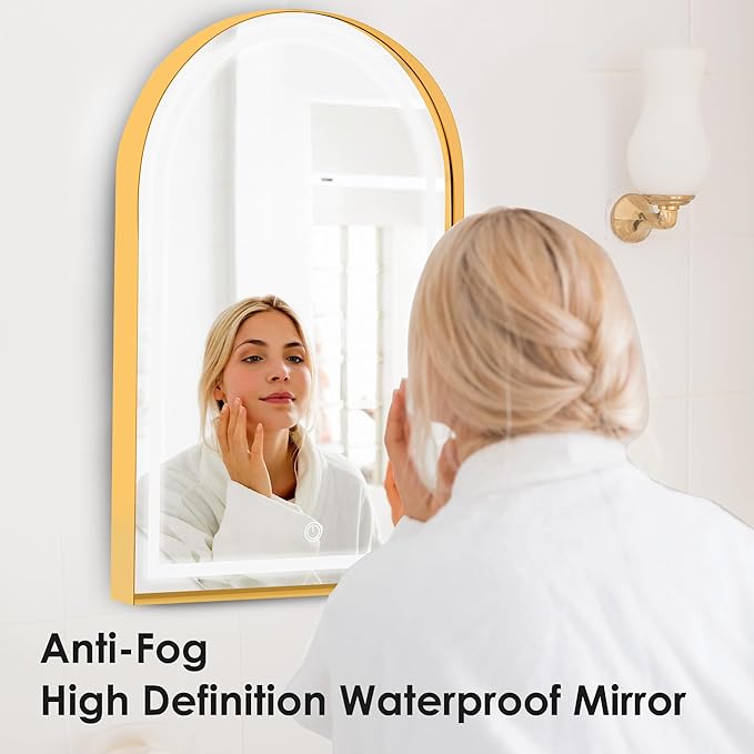 SogesHome Wall Mounted Mirror Medicine Cabinet 36"X24" with LED Lights, Arched Vanity Mirror Storage with Shelves, Modern Decro Recessed Mirror Medicine Cabinet for Bathroom, Bedroom, Gold