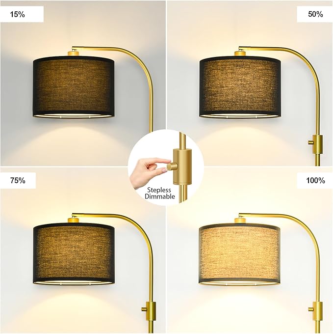【Upgraded】 Dimmable Gold Floor Lamp, 1200 Lumens LED Bulb Included, Arc Floor Lamps for Living Room Modern Standing Lamp with Black Shade, Tall Lamp for Living Room Bedroom Office Reading Room Nursery