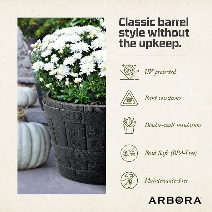 ARBORA 19" Whiskey Barrel Polyresin Indoor and Outdoor Planter with Textured Wood Finish - Durable, Weatherproof, Lightweight, Large Plant Pot for Patio, Garden, Deck, Entryway