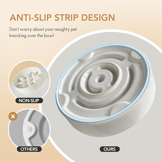 Ceramic 7.3inch Dog Bowl Slow Feeder for Fast Eaters, Slow Pet Food Dish for Small and Medium Dog, Stop Bloat, Preventing Choking(Single Bowl, Vanilla White)