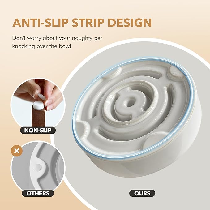 Ceramic 8.2inch Raised Slow Feeder Dog Bowl Set, Elevated Acacia Wood Stand for Medium and Large Dogs, Slow Pet Dish, Stop Bloat(Single Bowl+ Stand, Vanilla White)