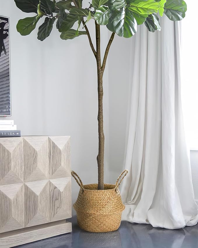 6FT Artificial Fiddle Leaf Fig Tree - Tall Fake Tree with White Planter&Seagrass Basket, Large Faux Ficus Lyrata Tree Floor Plants for Indoor Home Decor Office Living Room Housewarming Gift