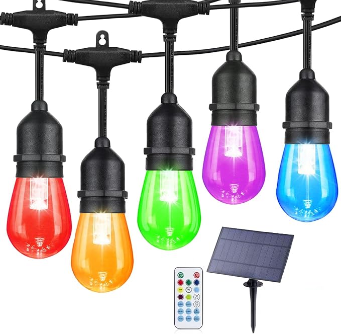 24FT RGB Solar Outdoor String Lights - Dimmable Commercial Patio Lights with 8 Modes, IP65 Waterproof & Remote Control for Garden, Wedding, Cafe