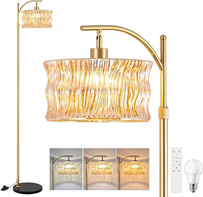 Vintage Gold Floor Lamp for Living Room, Amber Glass Lampshade Modern Standing Lamp with Remote, Mid Century Dimmable Tall Lamp for Bedroom, Study Room (Bulb Included)