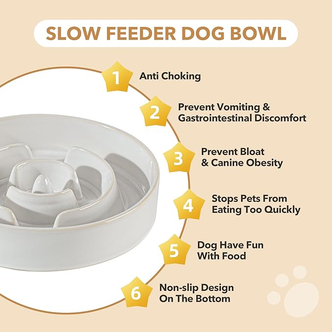 Ceramic 9.5inch Raised Slow Feeder Dog Bowl Set, Elevated Acacia Wood Stand for Large Dog, Slow Dish, Preventing Choking(Single Bowl+ Stand, Reactived Glaze -White)