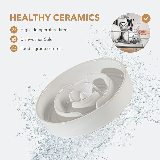 Ceramic 9.5inch Raised Slow Feeder Dog Bowl Set, Elevated Acacia Wood Stand for Large Dog, Slow Dish, Preventing Choking(Single Bowl+ Stand, Reactived Glaze -White)