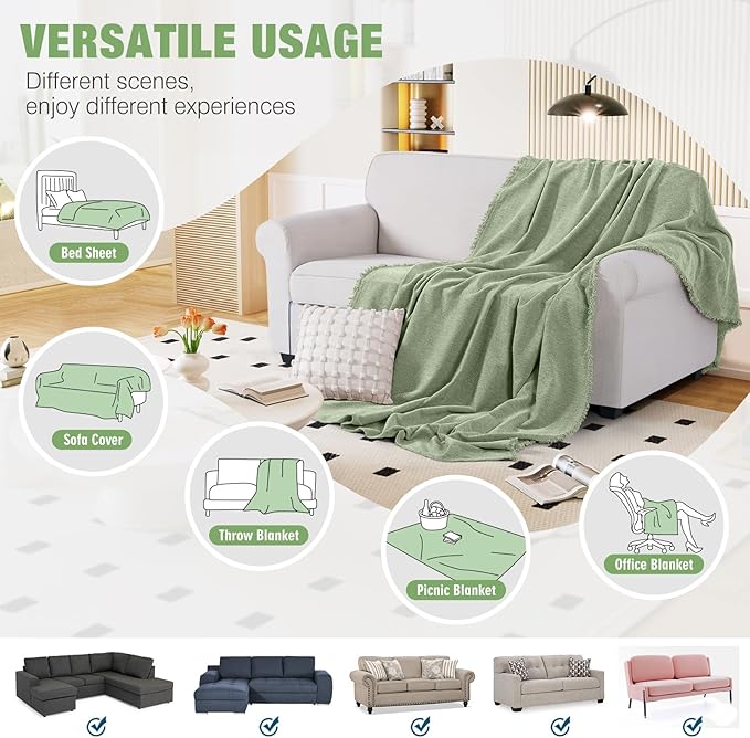 KinCam Couch Covers for 3-4 Cushion Couch Sofa Cover Washable Sectional Couch Cover for Dogs Tassel Sofa Blanket Cover Pet Friendly Soft and Durable for Most Furniture(71" x 150", Light Green)