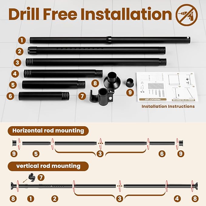 Room Divider Tension Rod No Drill, Adjustable 35-100" W x 43-120" H Freestanding Pole for Privacy,Room Divider Curtains,Black