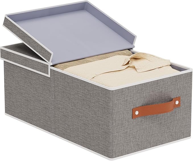 1-Pack Storage Box, Foldable Blanket Basket with Detachable Lid, Linen Closet 0rganizers with Double Handles, Collapsible Cubes for Organizing, Grey, 16.1 x 9.8 x 6.5 inch