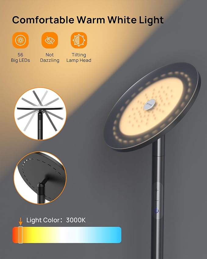 TROND Floor Lamp, 5000LM Super Bright Sky LED Modern Torchiere Standing Lamp, 3000K Warm White Light, 5-Level Dimmable, Modular 71 in Tall Pole Light, 30-Minute Timer for Living Room, Bed Room