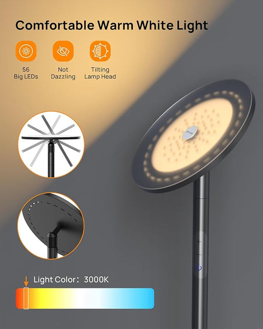 TROND Floor Lamp, 5000LM Super Bright Sky LED Modern Torchiere Standing Lamp, 3000K Warm White Light, 5-Level Dimmable, Modular 71 in Tall Pole Light, 30-Minute Timer for Living Room, Bed Room